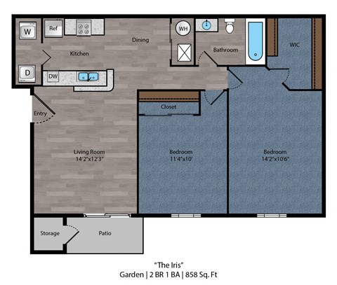 The Iris - 2 Bed 1 Bath Floor Plan at Bayside Apartment Homes, Hilliard, OH